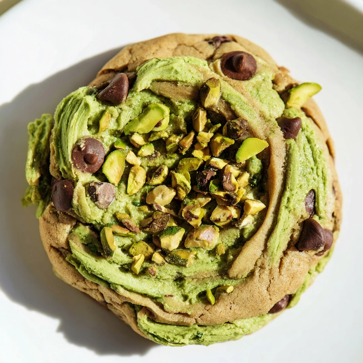 Golden pistachio cream chocolate chip cookies fresh from the oven with melted chocolate and chopped nuts