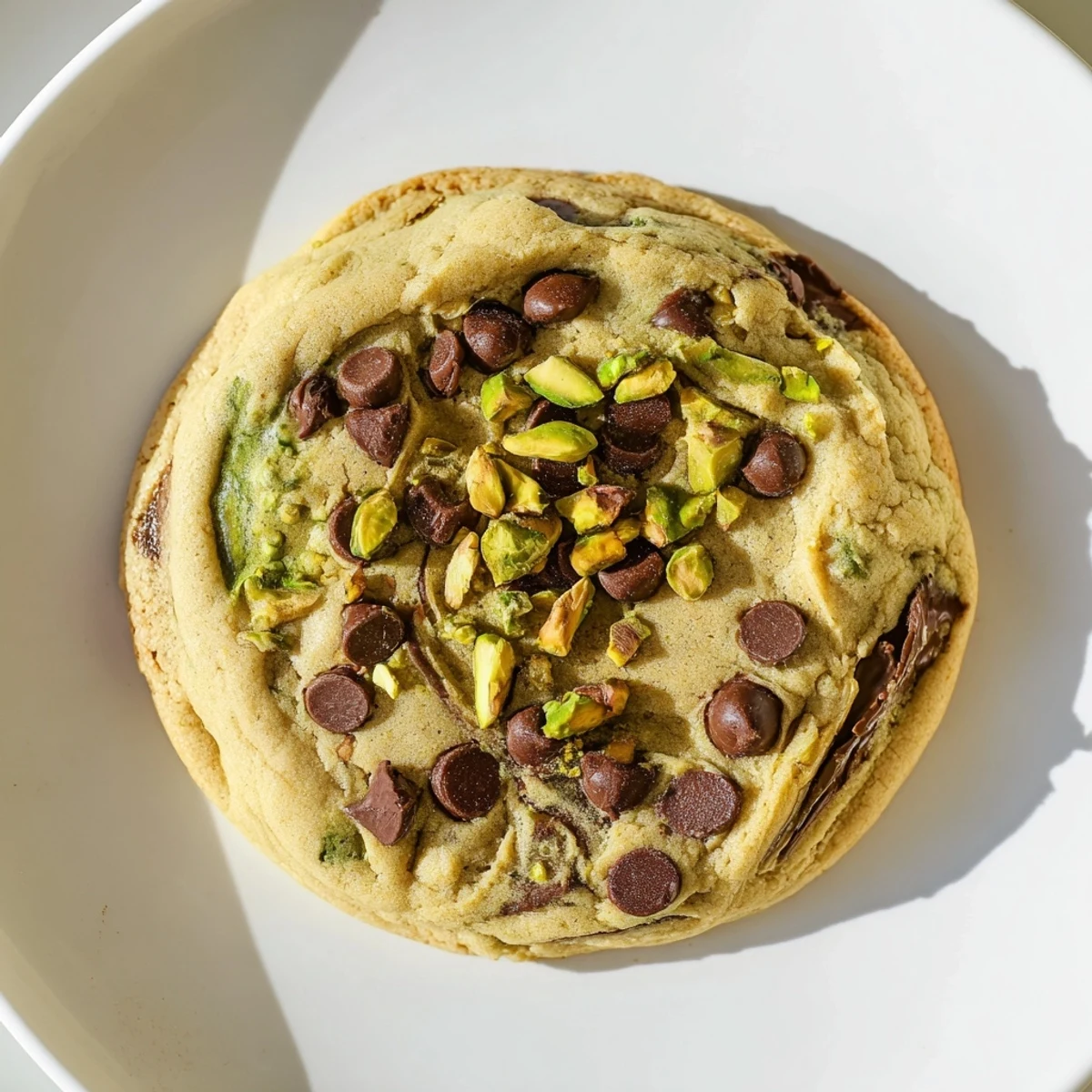 Soft baked pistachio cream chocolate chip cookies stacked on a wooden cutting board