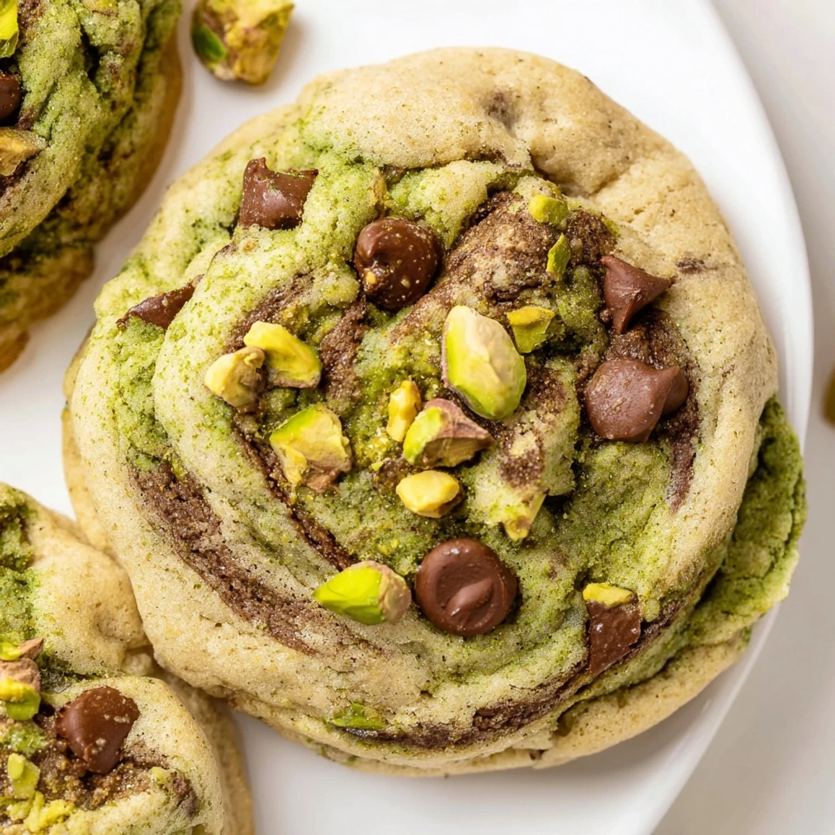 Indulgent pistachio cream chocolate chip cookies with a chewy center and crisp golden edges