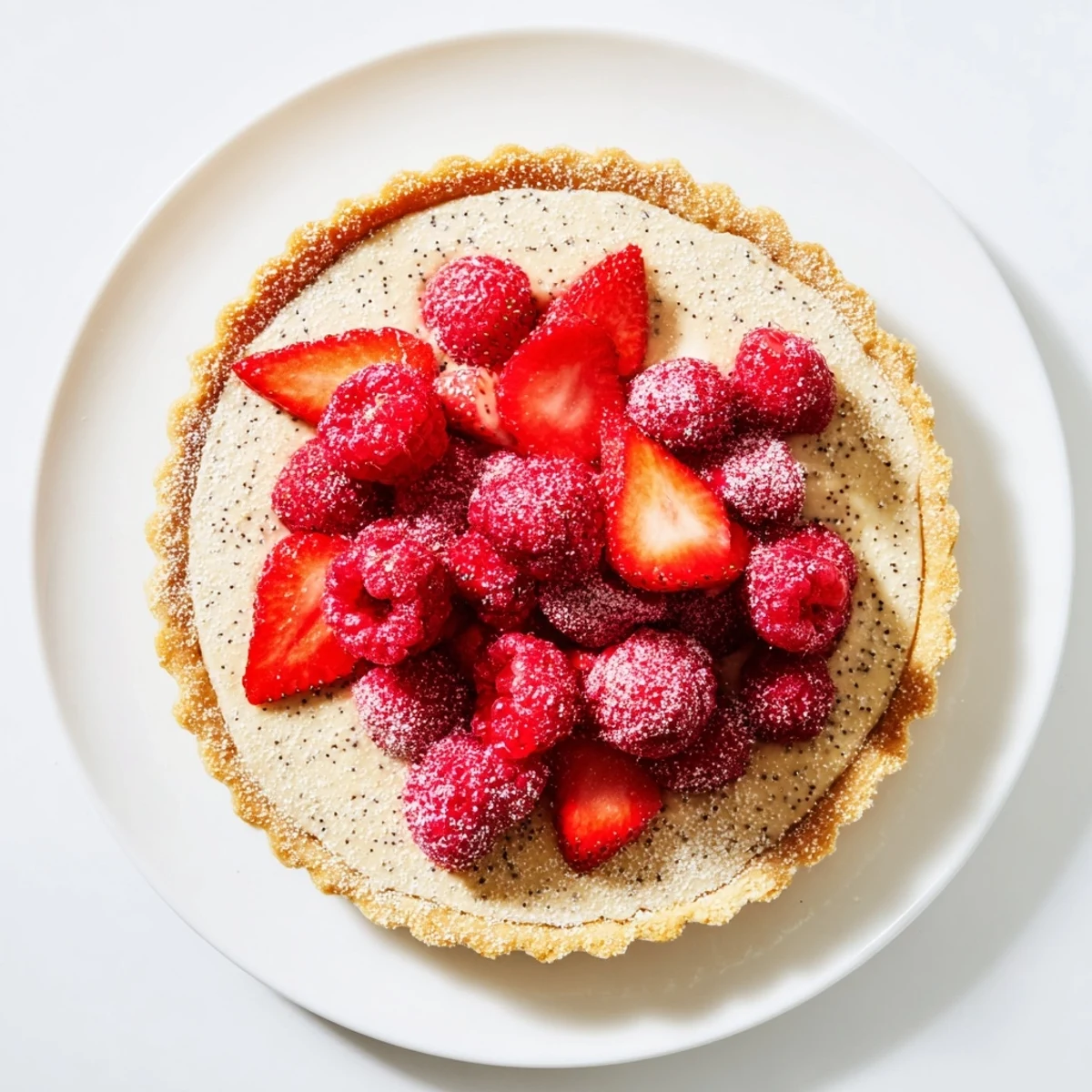 Golden vanilla bean pastry cream tart with buttery crust and glossy vanilla speckled filling