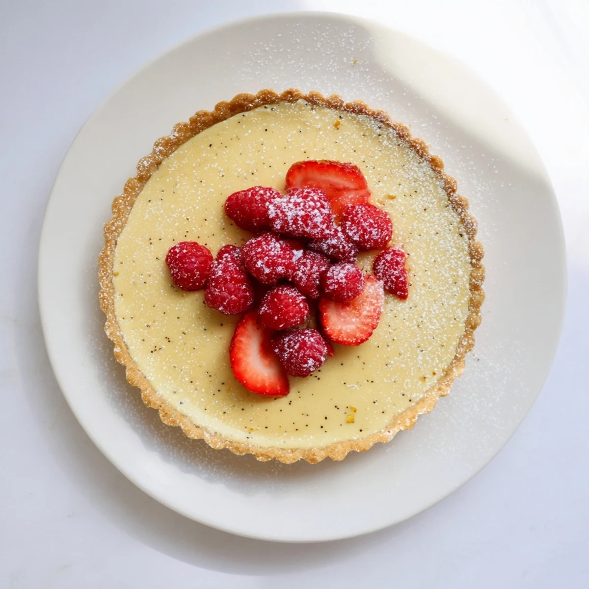 Luscious vanilla bean pastry cream tart topped with fresh berries on a flaky butter crust