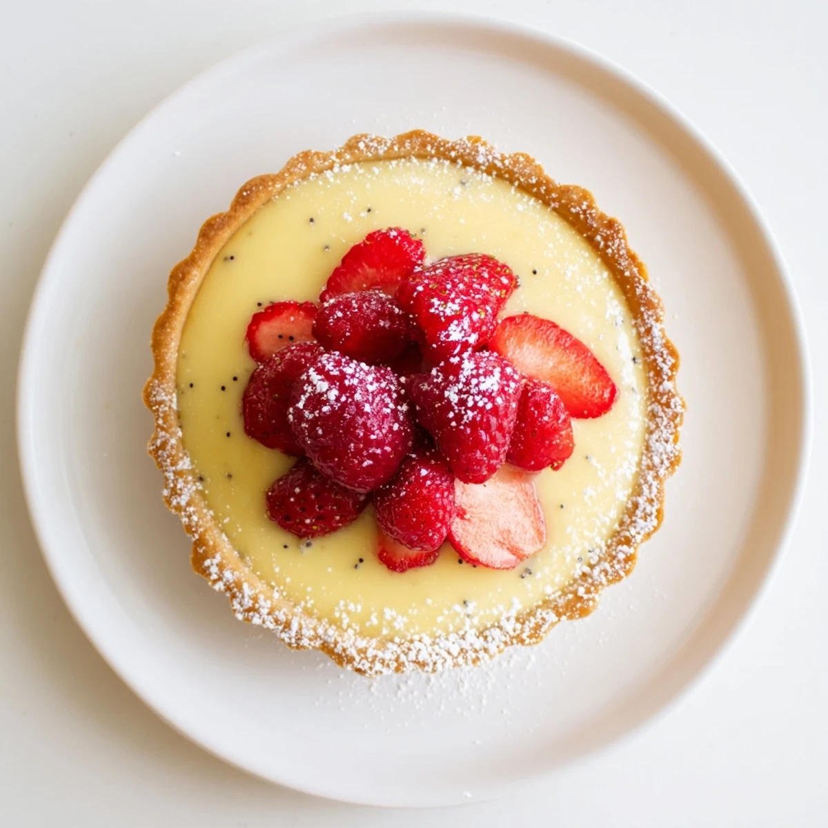 Elegant French vanilla tart featuring silky smooth cream in a crisp golden pastry shell