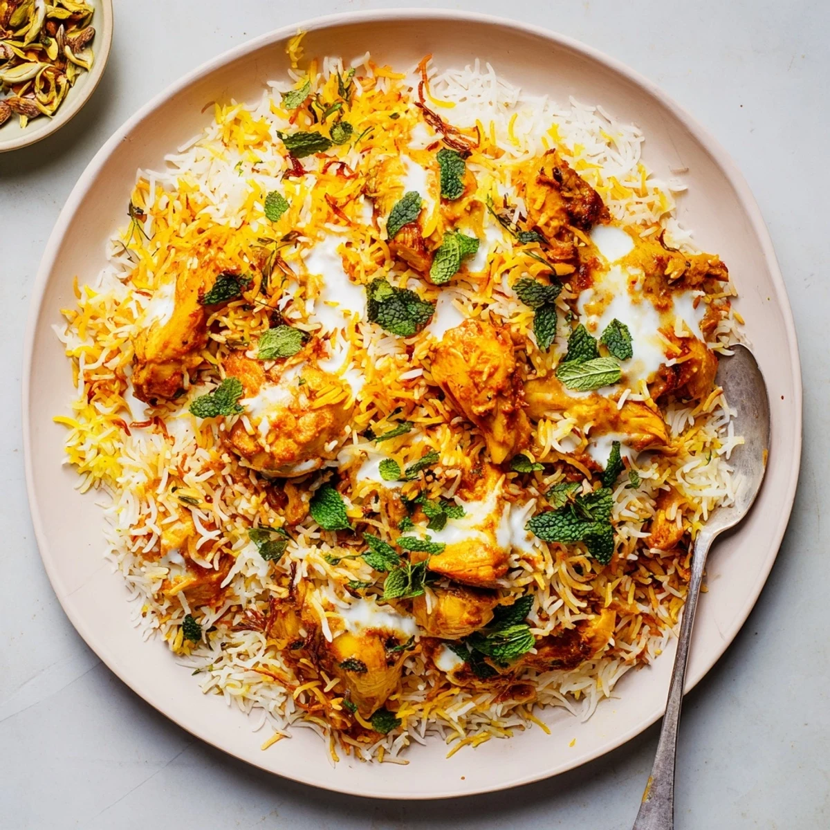 Golden butter chicken biryani layered with fragrant basmati rice and aromatic spices in a serving bowl