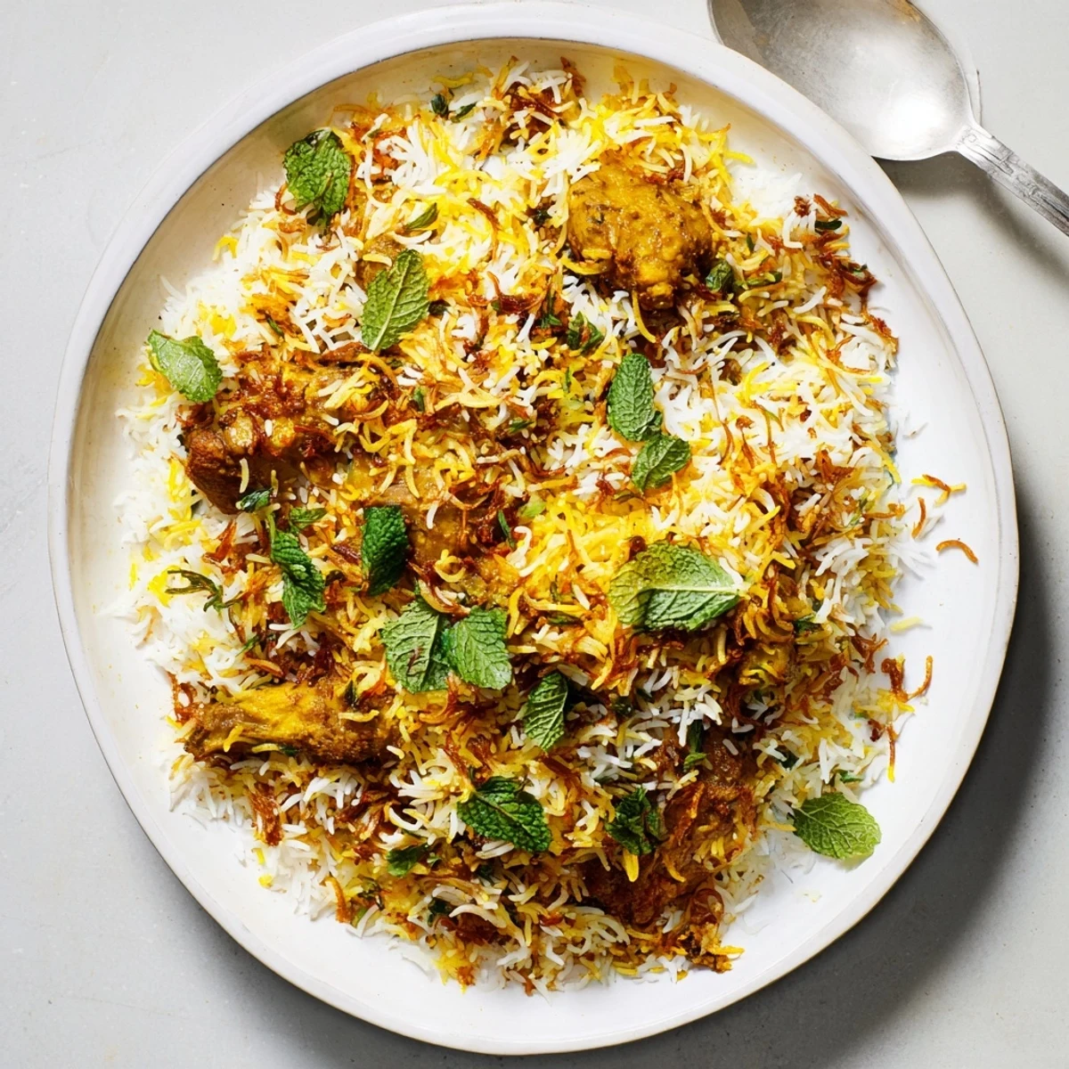 Steaming plate of butter chicken biryani topped with fresh cilantro, mint leaves, and golden fried onions