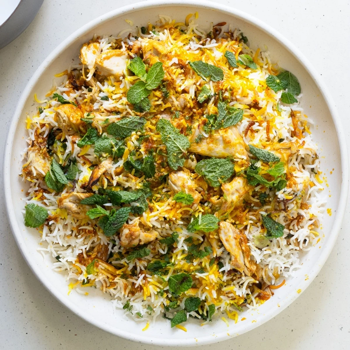 Close-up of tender butter chicken pieces mixed with spiced long-grain rice and saffron-infused layers