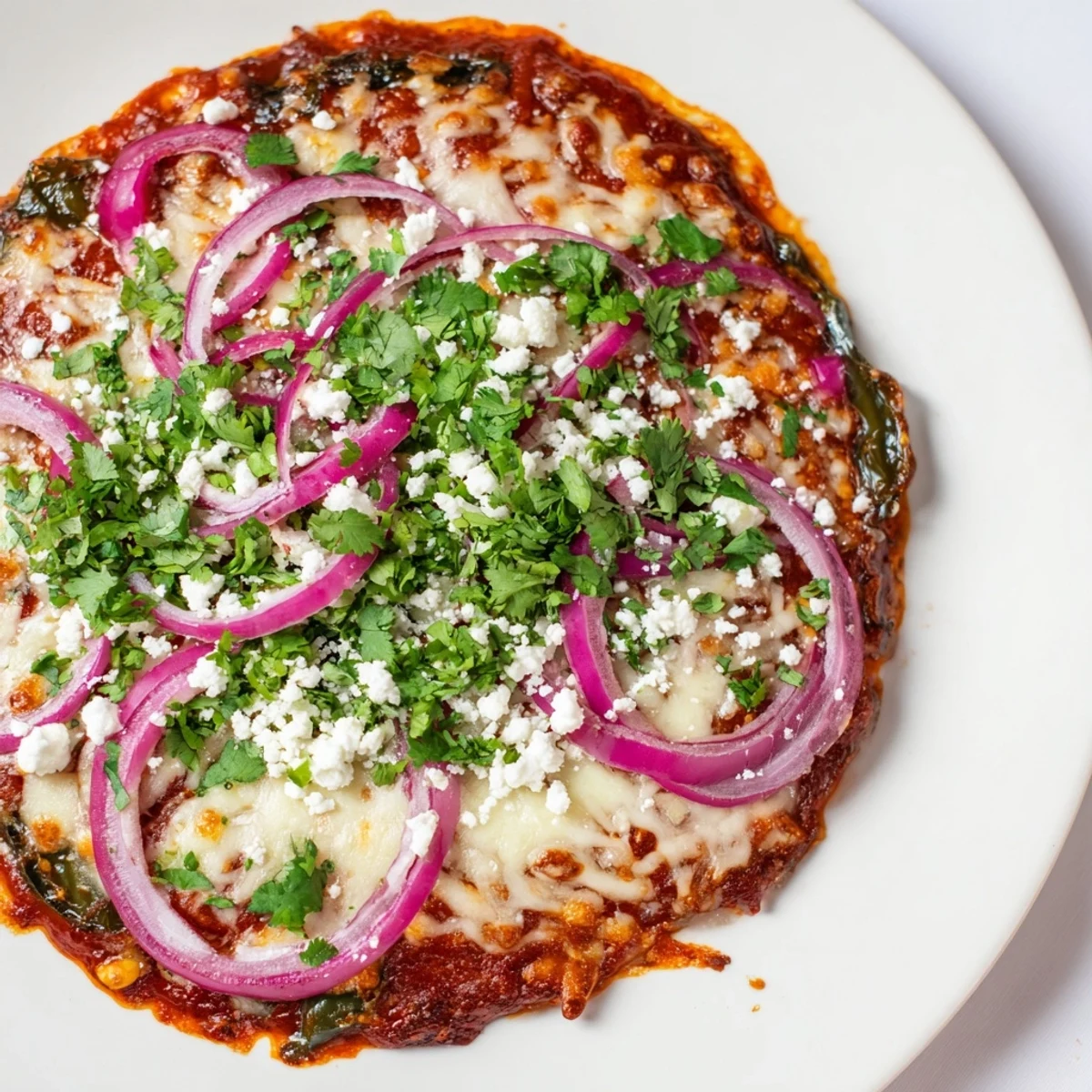 Golden crust poblano pizza topped with roasted peppers, melted mozzarella, and fresh cilantro garnish