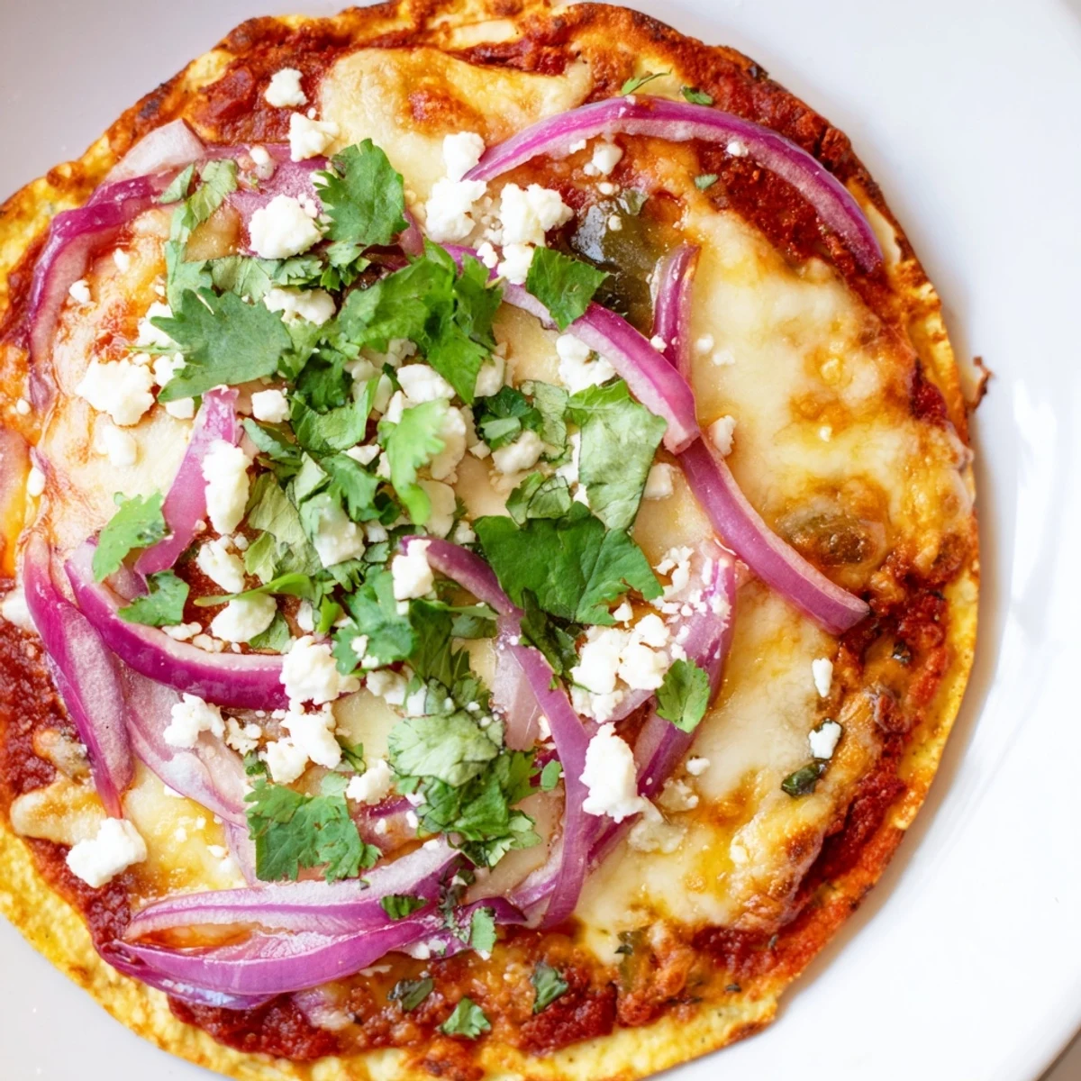 Homemade poblano pizza featuring spiced tomato sauce, roasted peppers, and queso fresco topping
