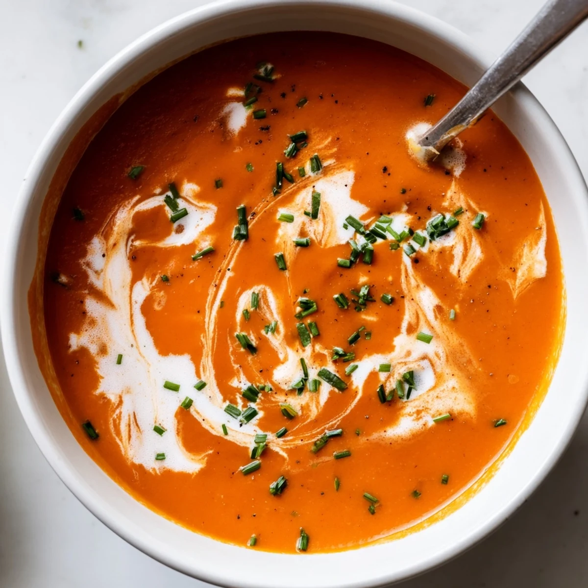 Rich orange roasted red pepper Gouda soup sprinkled with shredded cheese and parsley