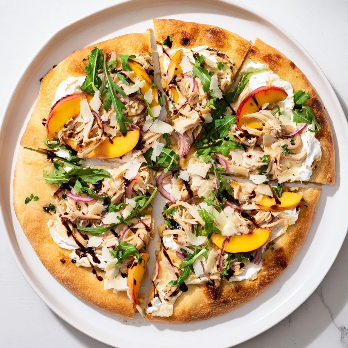 Golden Chicken Peach Ricotta Pizza topped with fresh arugula and balsamic glaze drizzle