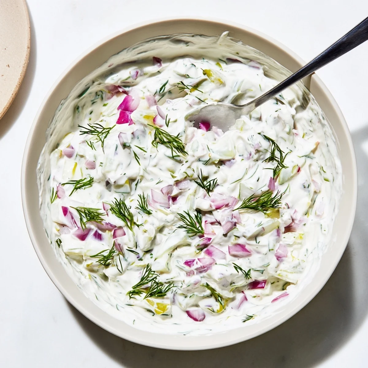 Vibrant green specks of fresh dill and chopped pickles throughout this tangy condiment