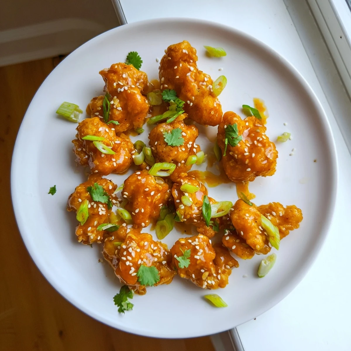Golden crispy Spicy Bang Bang chicken pieces coated in creamy red sauce garnished with scallions