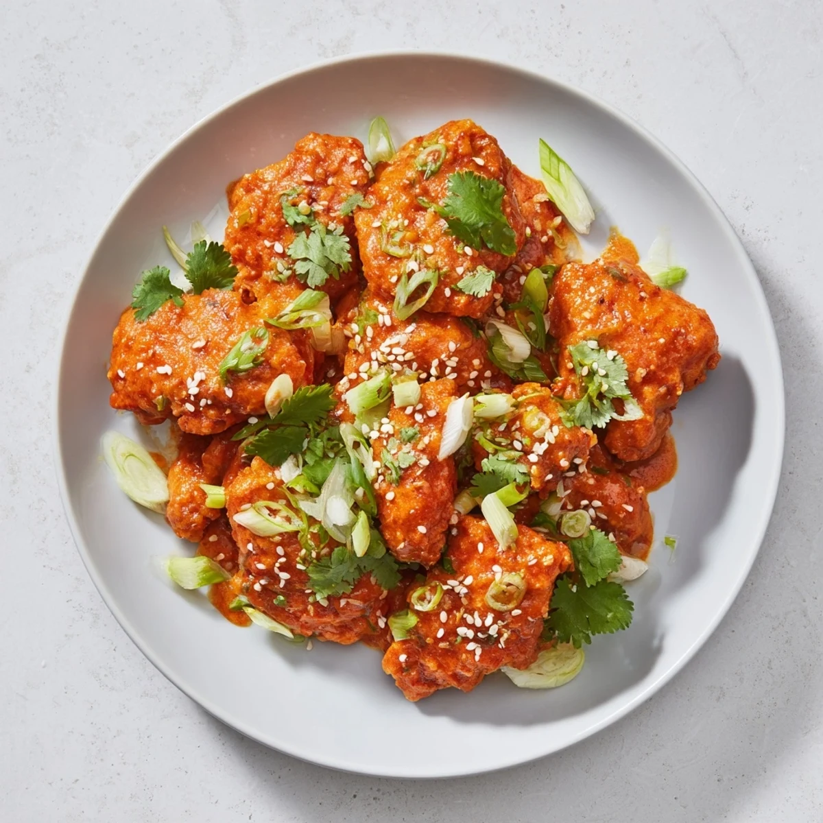 Plate of Spicy Bang Bang chicken drizzled with spicy mayo sauce and sesame seeds