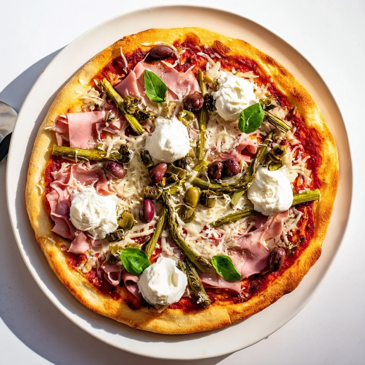 Golden Ham, Olive, Asparagus, and Ricotta Pizza with bubbling cheese on crisp crust