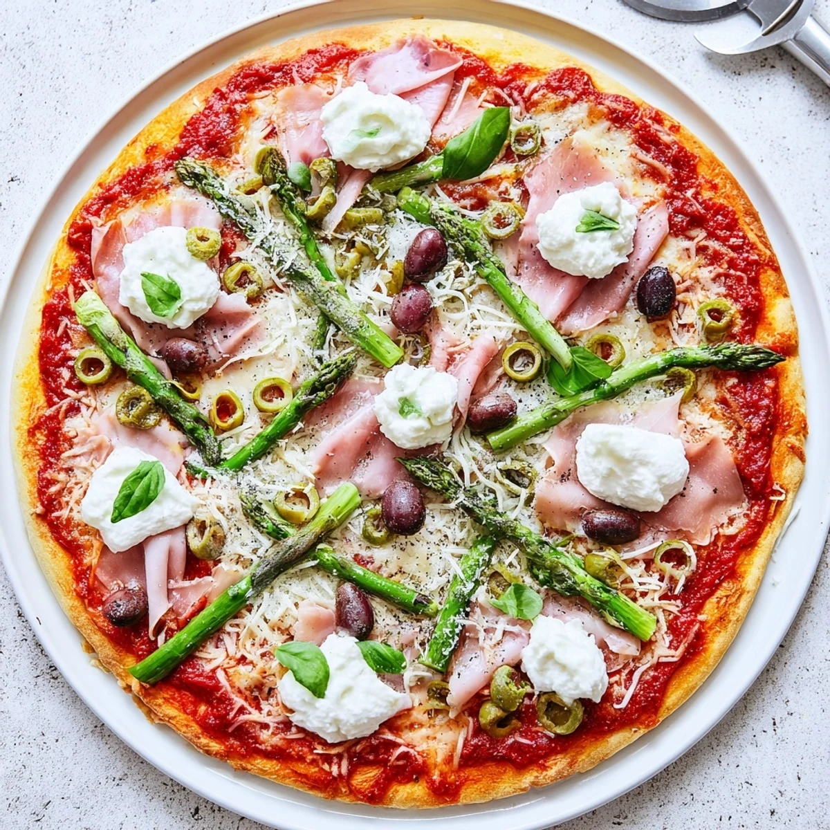 Vibrant Italian-style Ham, Olive, Asparagus, and Ricotta Pizza topped with fresh green asparagus