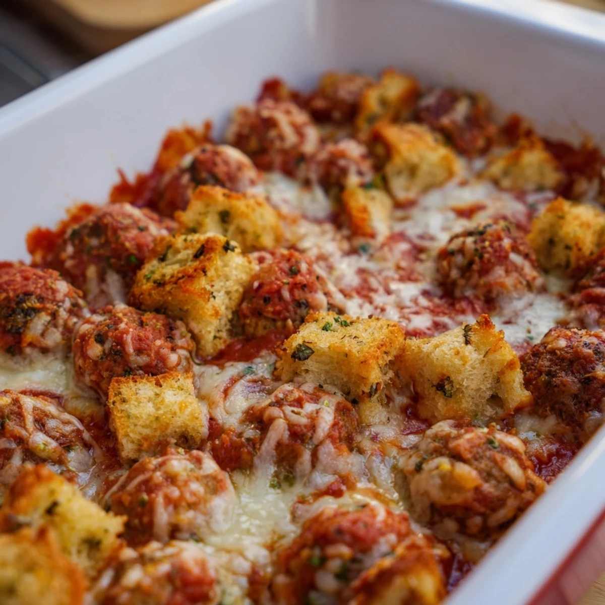 Golden cheesy garlic bread cubes topping juicy turkey meatballs in rich tomato sauce casserole