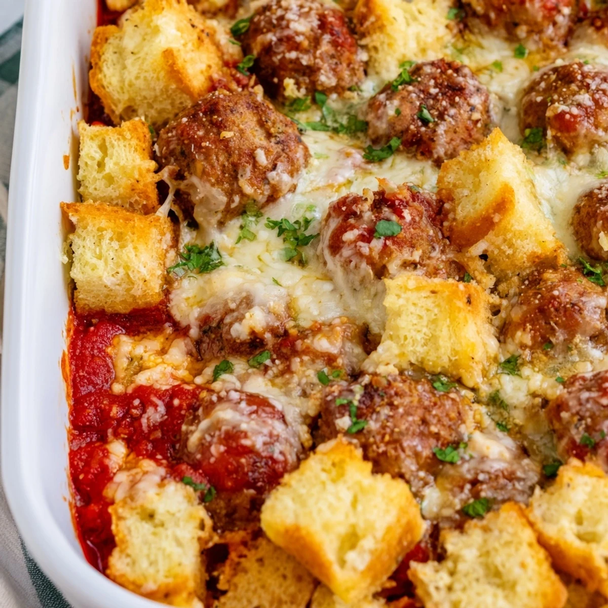 Baked turkey meatball and garlic bread bake with melted mozzarella over savory marinara coated meatballs