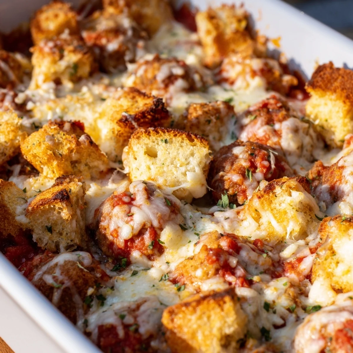 Comforting family dinner casserole featuring turkey meatballs beneath crispy garlic bread and bubbly cheese topping