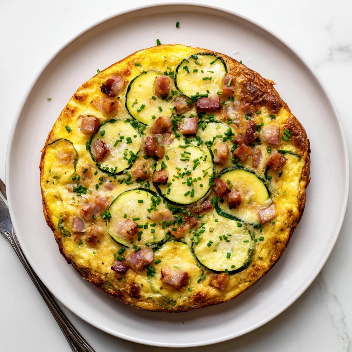 Savory Italian breakfast frittata with sliced zucchini, diced pancetta, fresh herbs, and melted Parmesan cheese