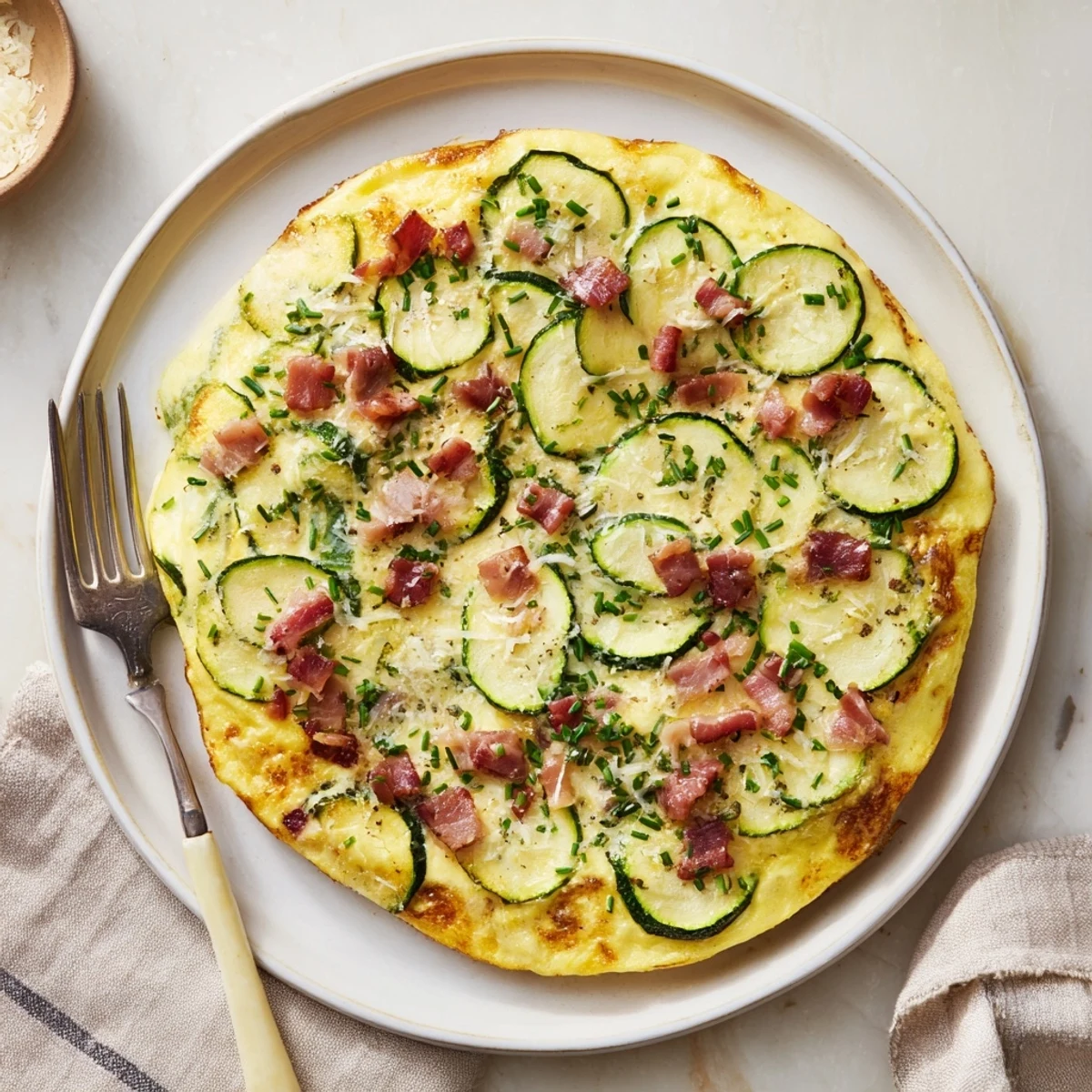 Golden Zucchini Herb and Pancetta Frittata featuring tender vegetables and crispy Italian pork in a rustic skillet