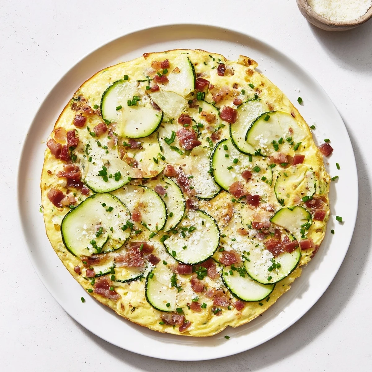 Gluten-free egg bake with green zucchini ribbons, crispy pancetta bits, and chopped parsley ready for slicing