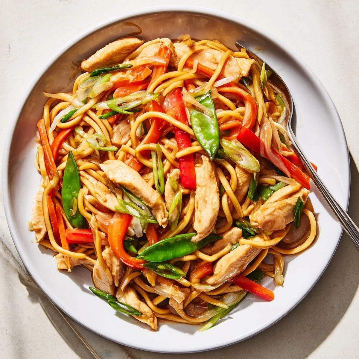 Golden chicken chow mein tossed with crisp bean sprouts, bell peppers, and carrots in a glossy Asian sauce