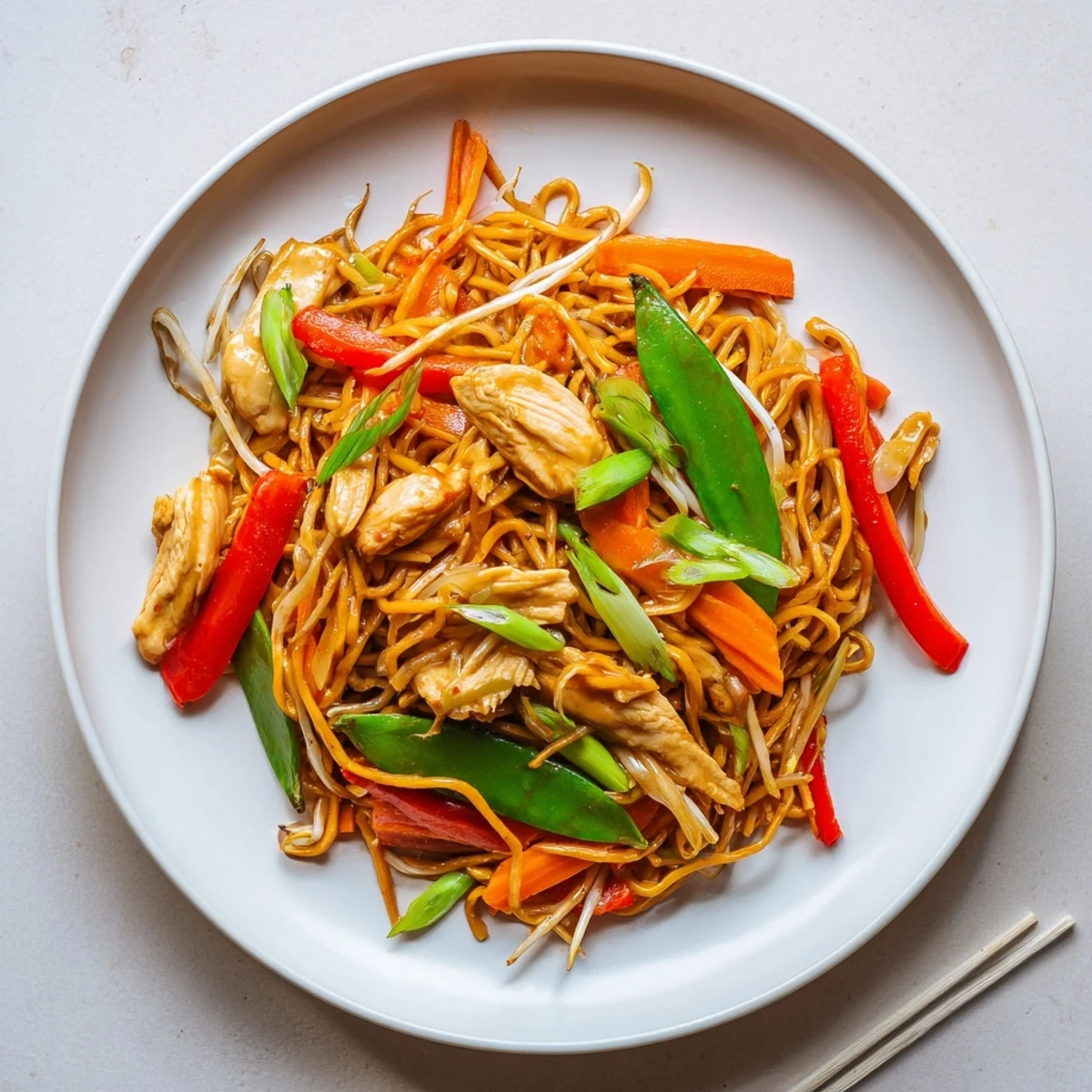Steaming plate of chicken chow mein featuring tender stir-fried noodles with colorful vegetables in savory brown sauce