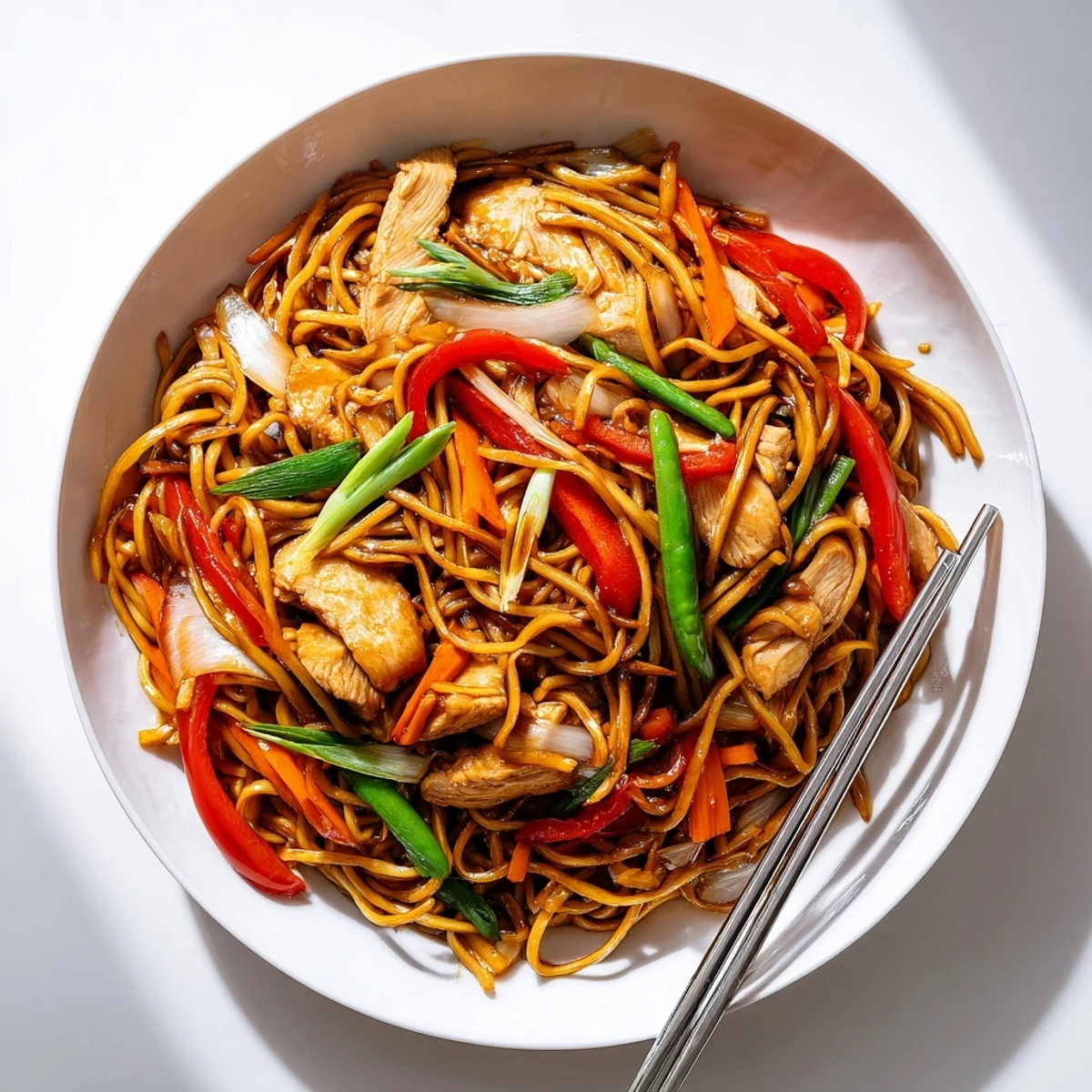Homemade chicken chow mein piled high with juicy chicken strips, crunchy snow peas, and aromatic spring onions