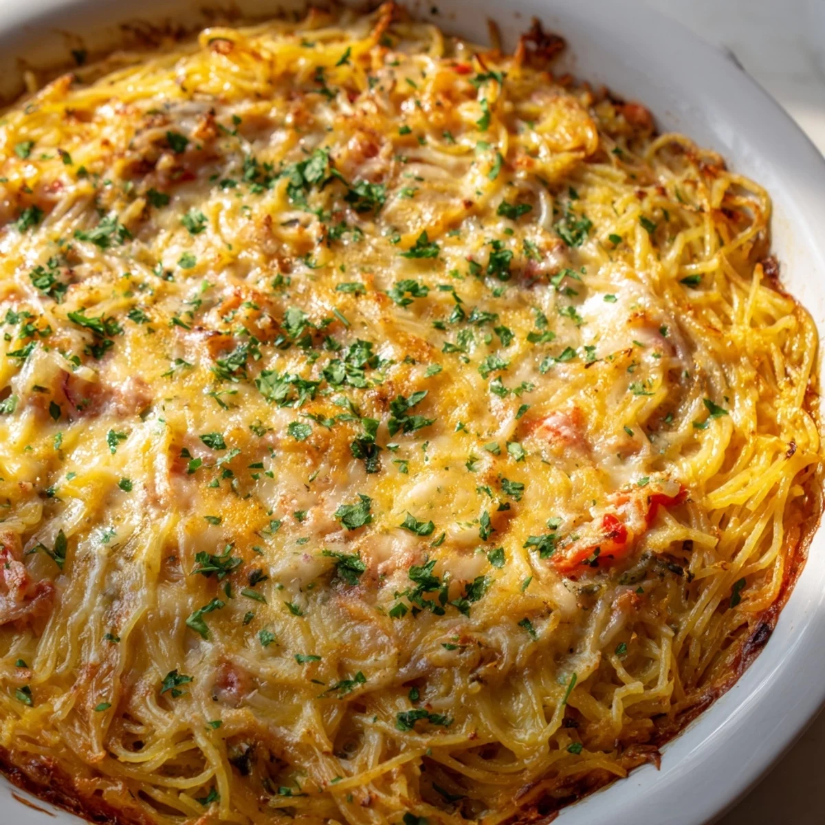 Golden Impossible Pasta Pie with melted mozzarella and fresh basil garnish on a white plate