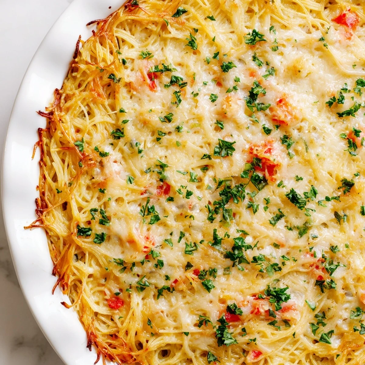 Savory spaghetti Impossible Pasta Pie baked in a golden sliceable custard with colorful bell peppers