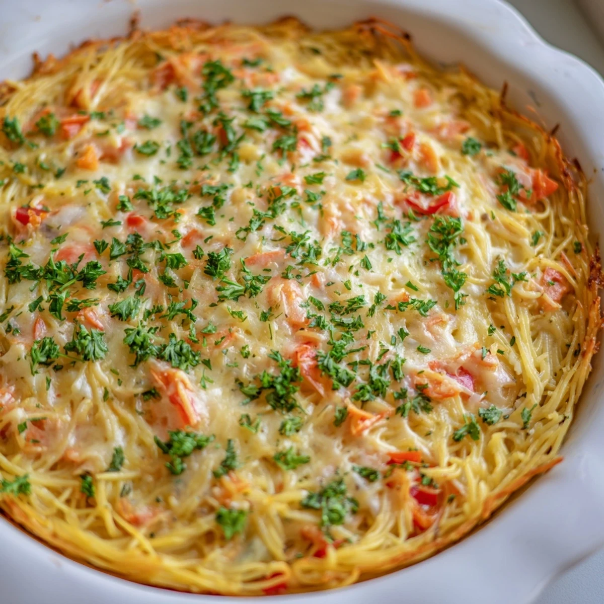 Slice of Impossible Pasta Quiche showing spaghetti strands bound in fluffy cheesy egg mixture