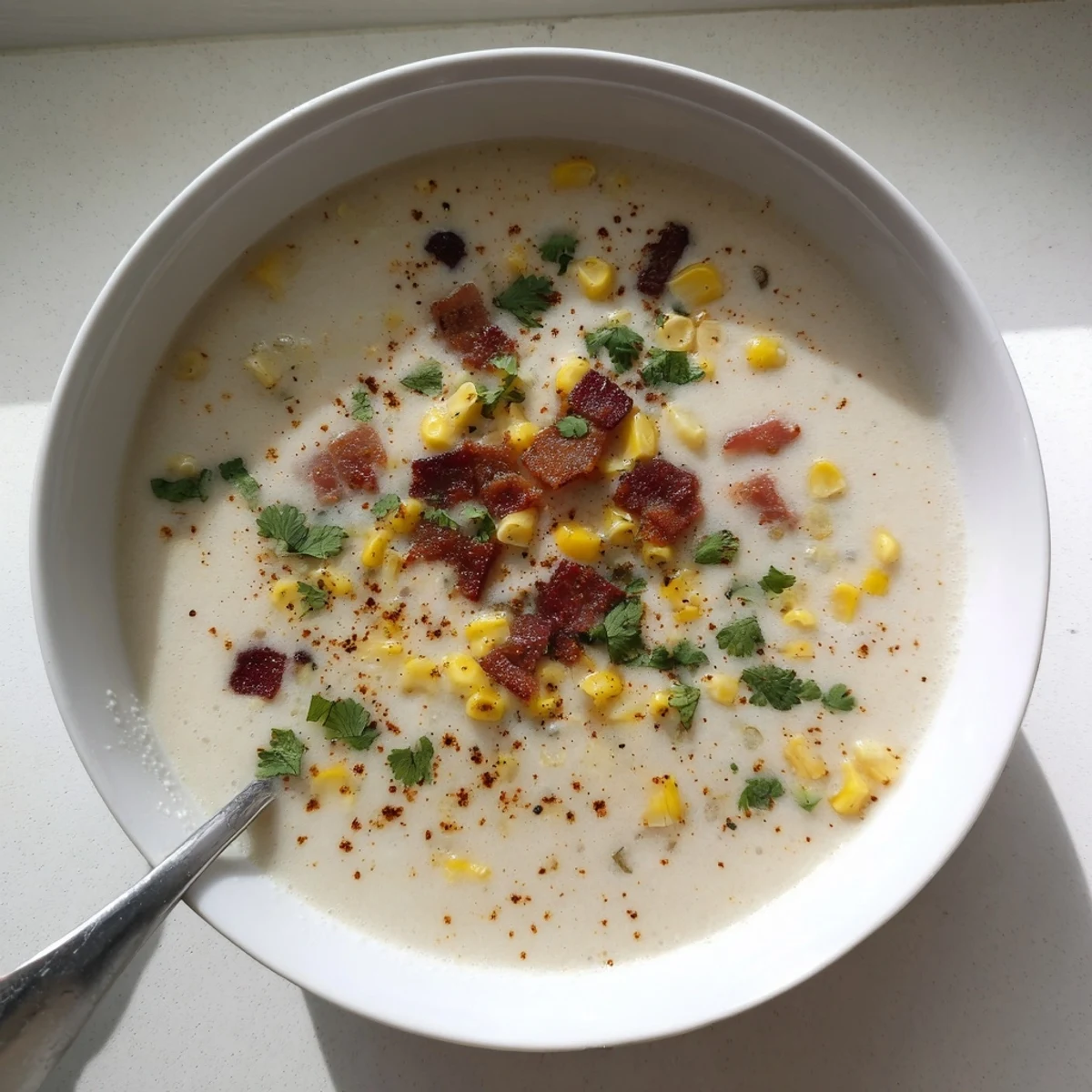 Creamy hot yoghurt soup with golden corn kernels, crispy bacon bits, and fresh coriander garnish