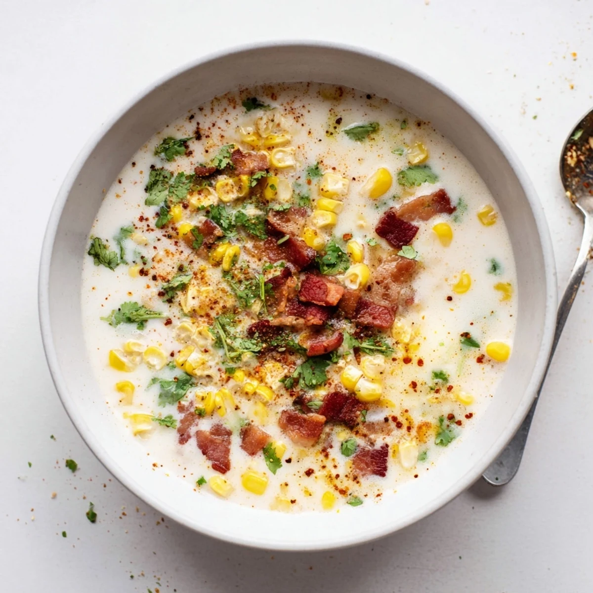 Comforting bowl of hot yoghurt soup featuring sweet corn and savory crispy bacon topping
