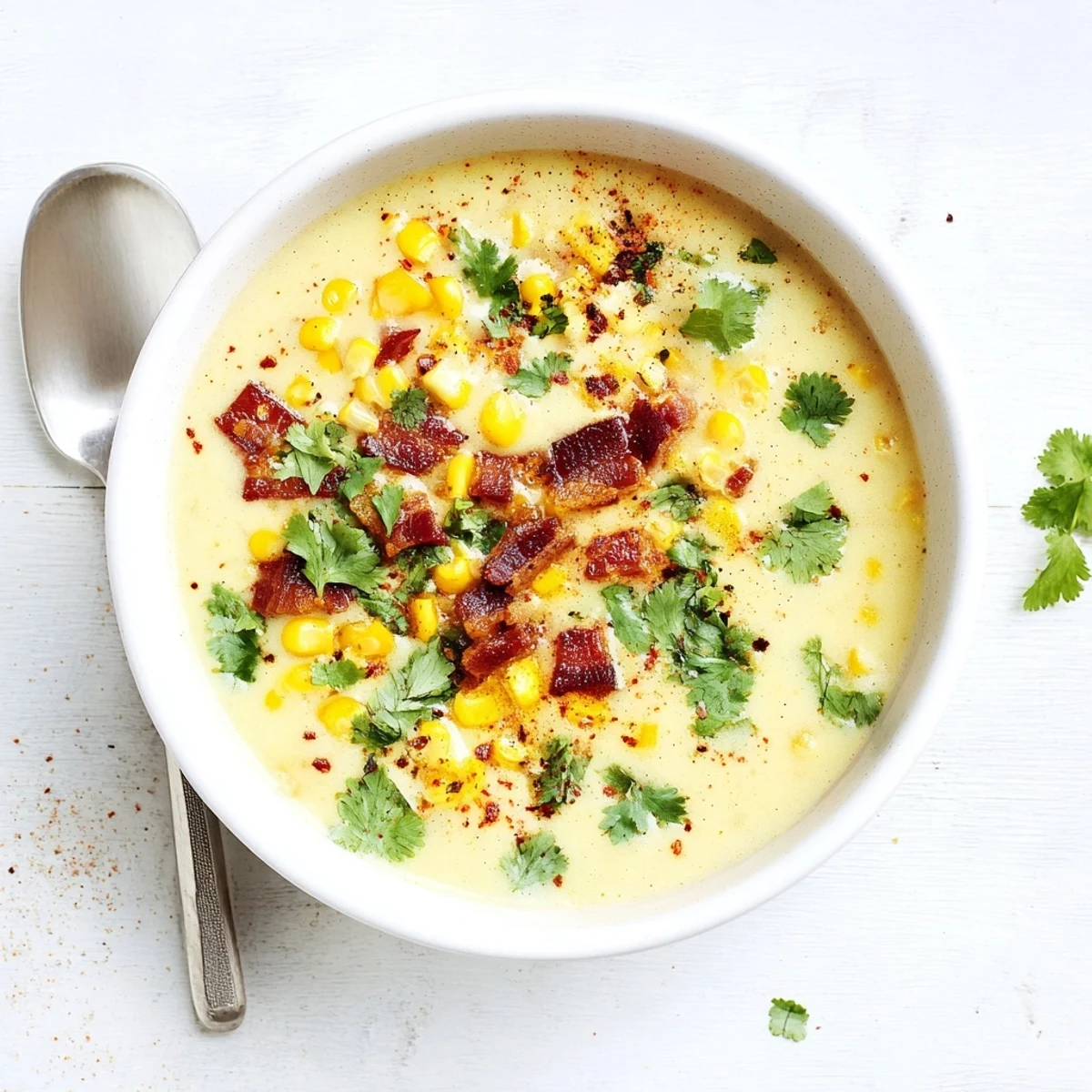 Steaming hot yoghurt soup with sweetcorn, smoky bacon pieces, and vibrant green coriander sprinkles