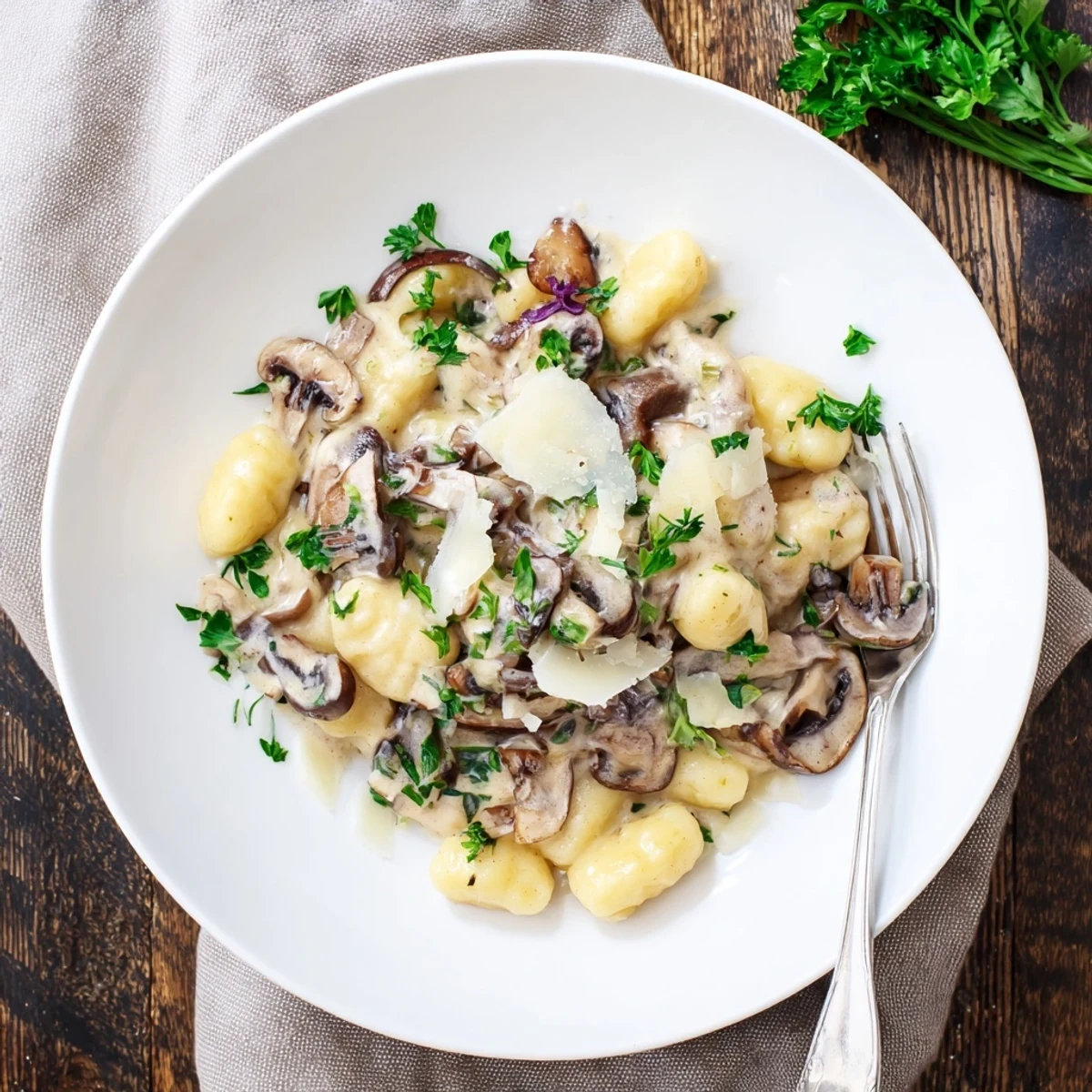 Golden potato gnocchi coated in a rich, velvety mushroom cream sauce with melted Parmesan