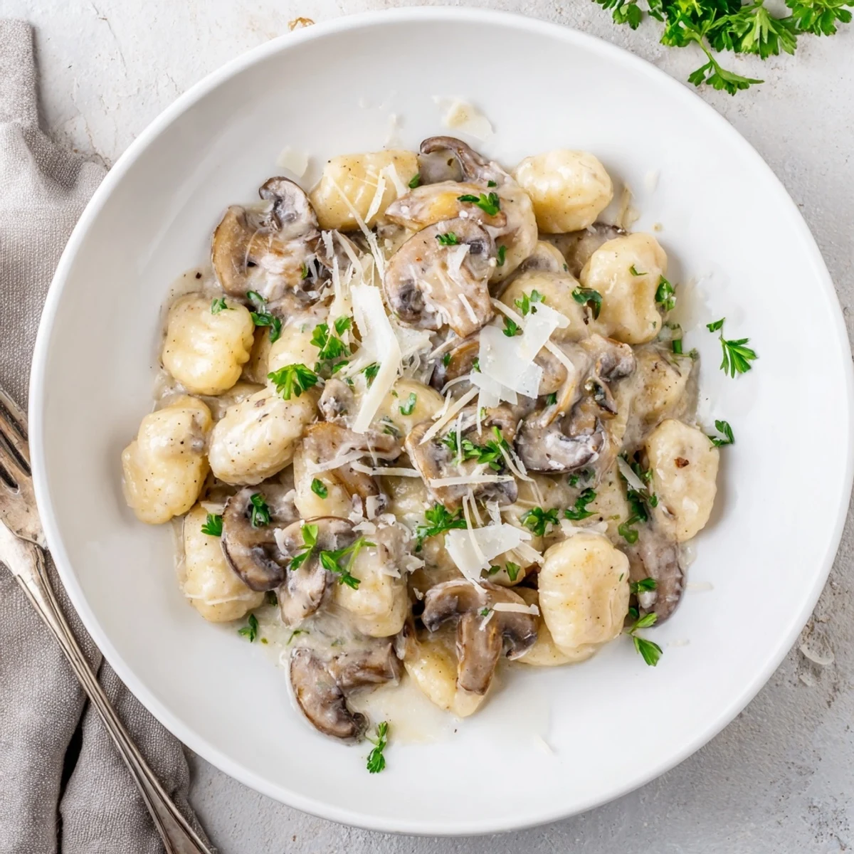 Comforting bowl of tender gnocchi swimming in aromatic garlic mushroom sauce with fresh parsley garnish