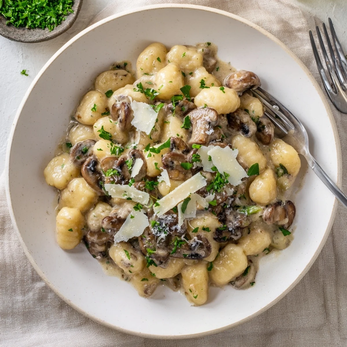 Steamy plate of creamy mushroom gnocchi featuring golden sautéed mushrooms and savory herb-infused cream sauce