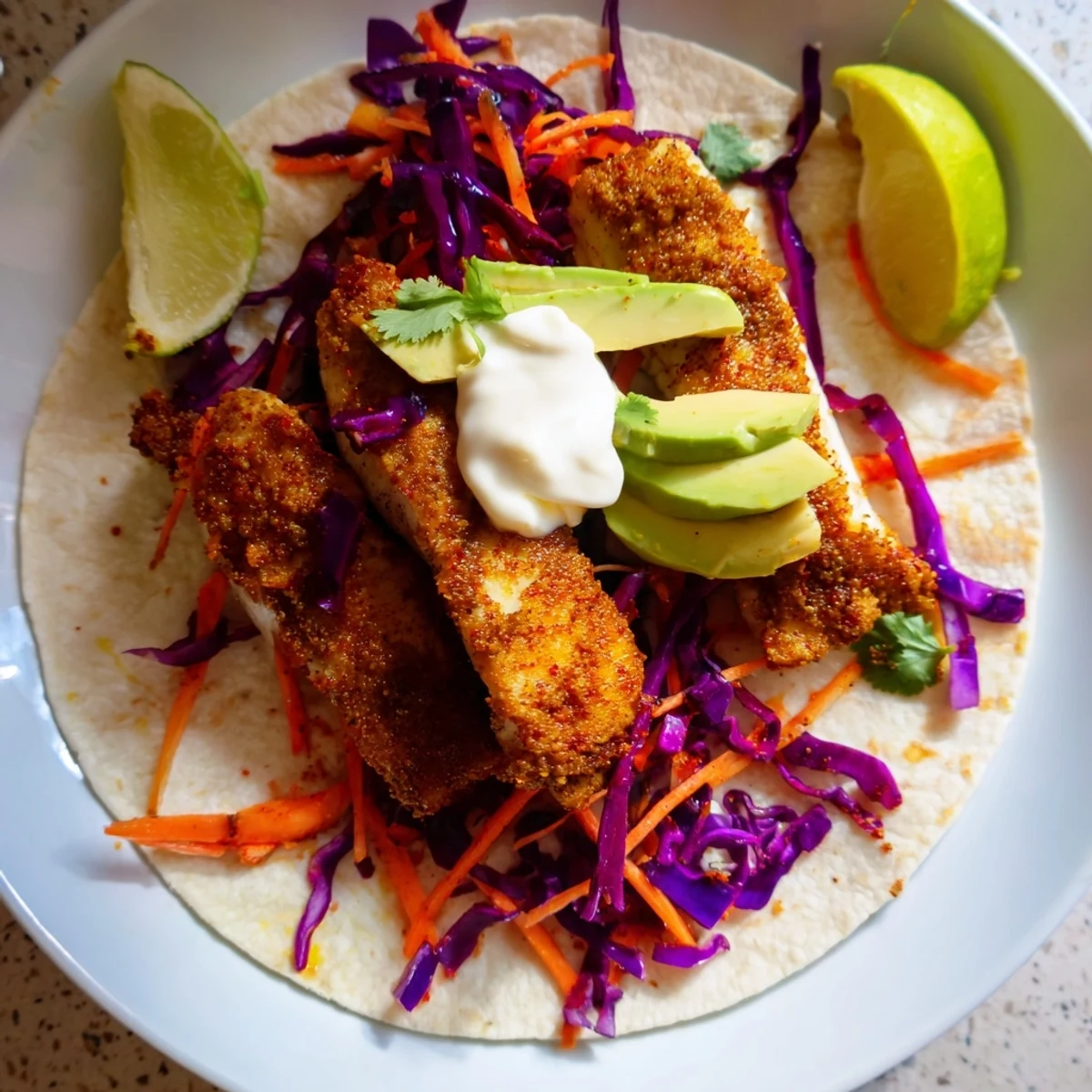 Golden barramundi fish tacos topped with colorful red cabbage slaw and fresh avocado slices