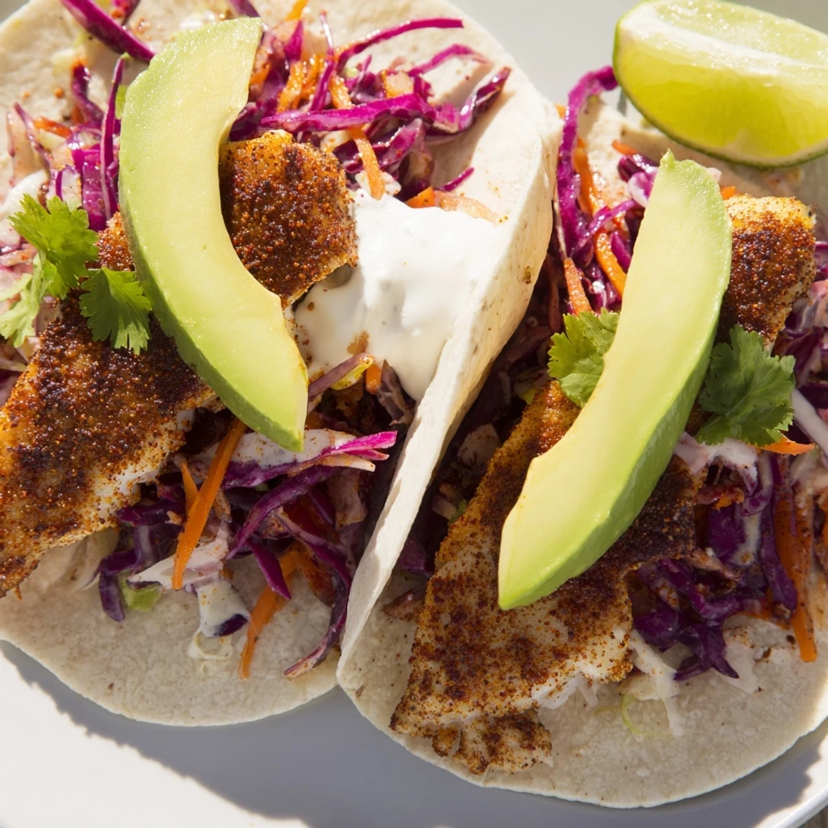 Easy Aussie barra tacos featuring crispy fish, crunchy vegetable slaw, and creamy yogurt topping