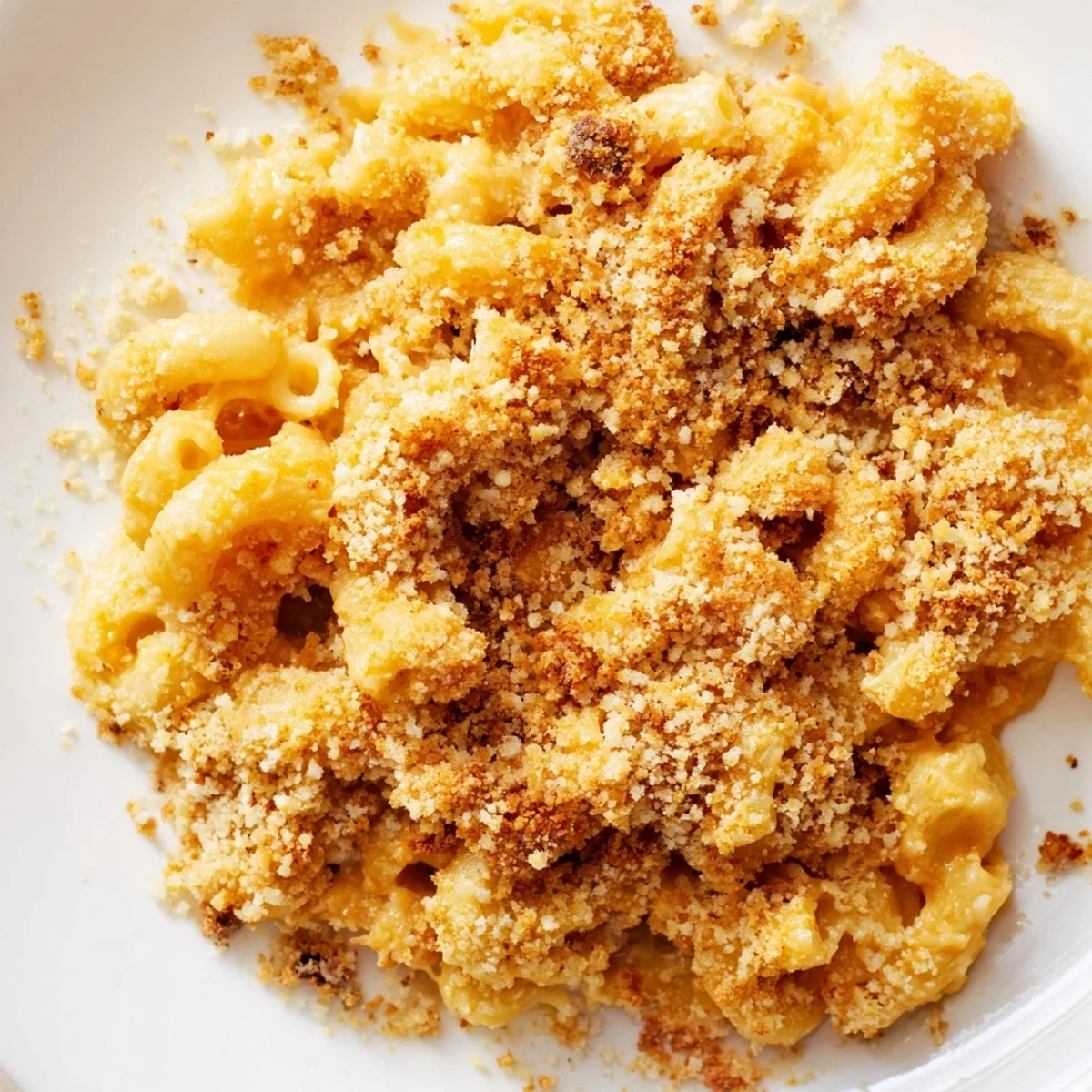 Creamy baked mac and cheese with melted cheddar and gruyère in a casserole dish