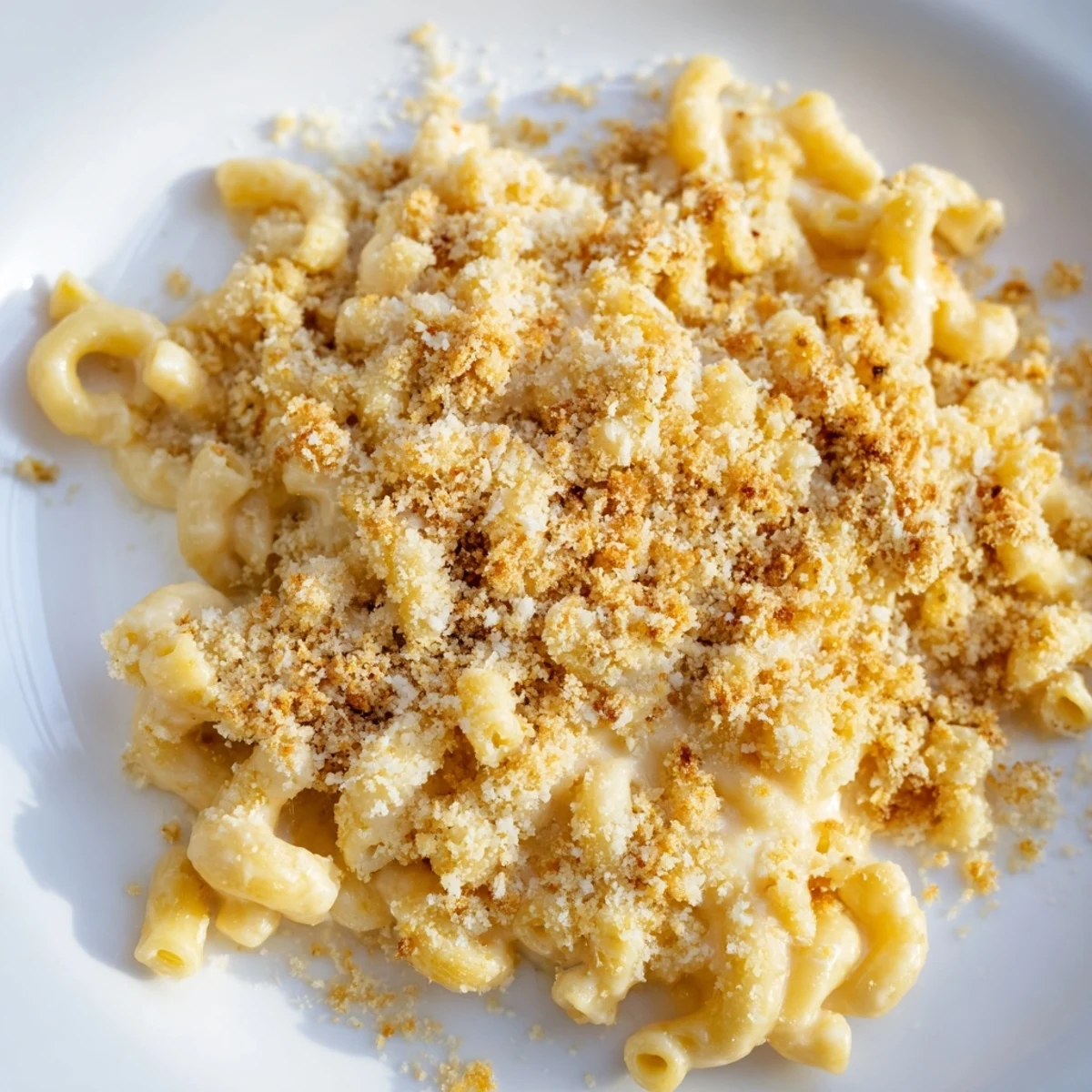 Homemade baked mac and cheese sprinkled with parmesan panko crust and fresh parsley
