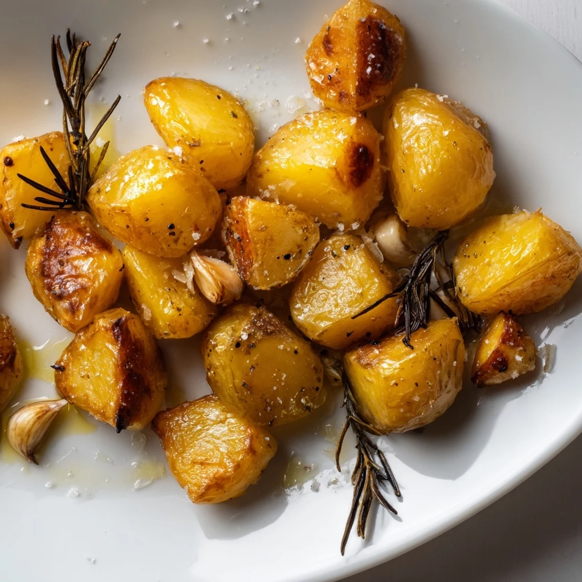 Perfect crispy roast potatoes glistening with hot oil alongside fresh rosemary sprigs and garlic