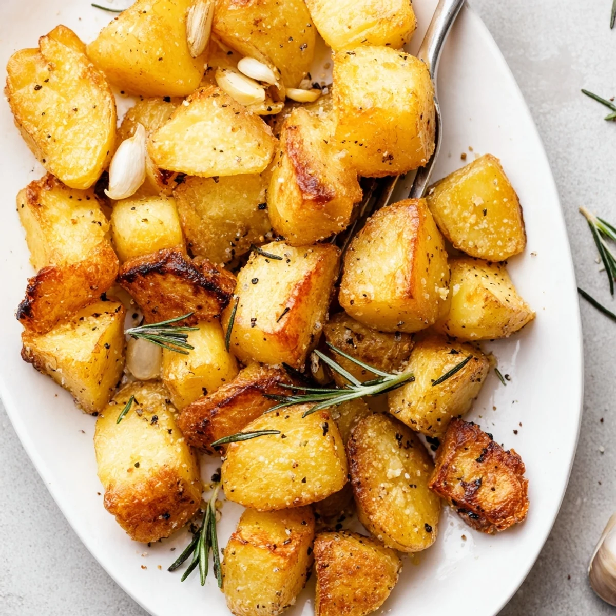 Golden brown crispy roast potatoes with fluffy interiors scattered on a white serving platter