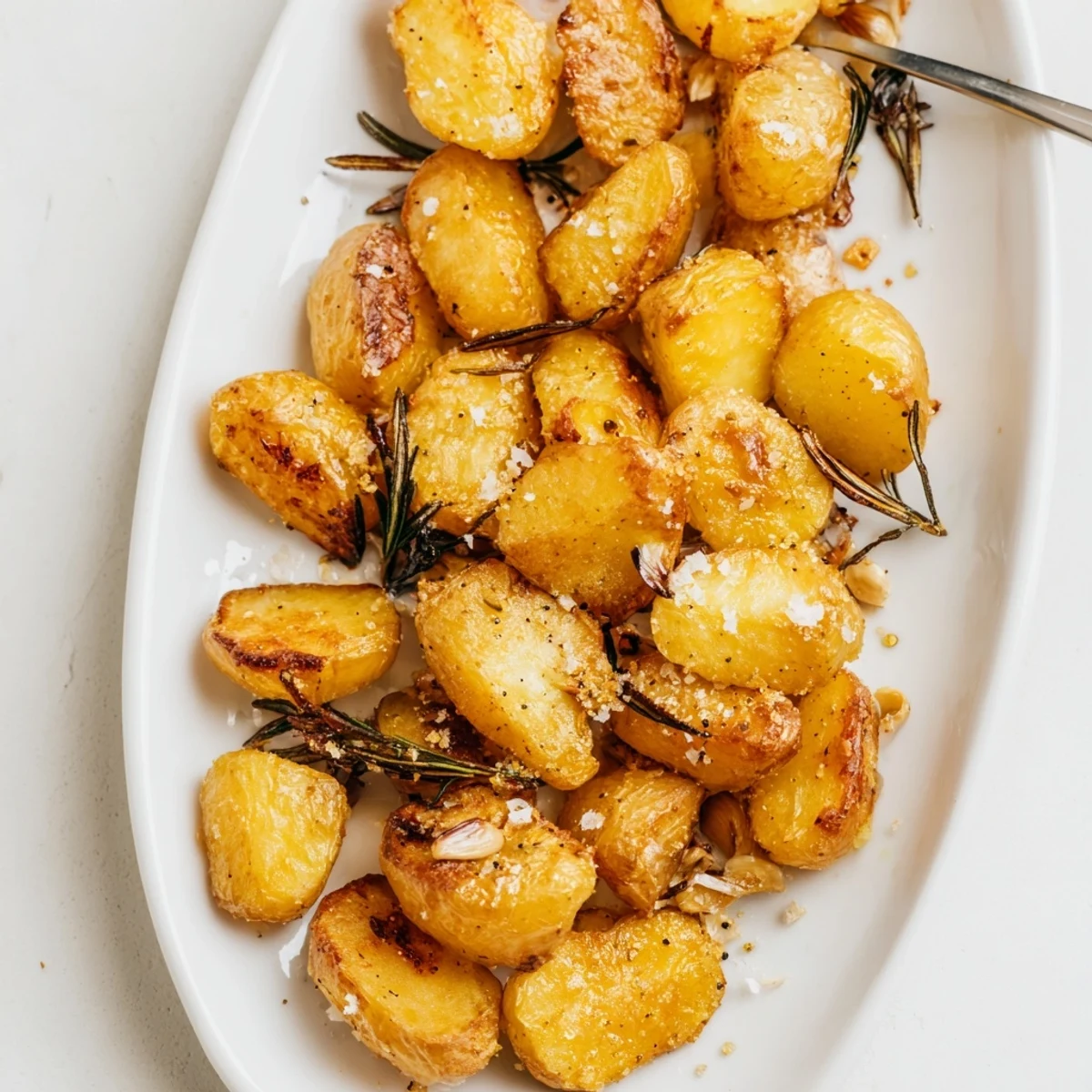 Oven-baked crispy roast potatoes displaying crunchy golden crusts arranged on a rustic wooden board