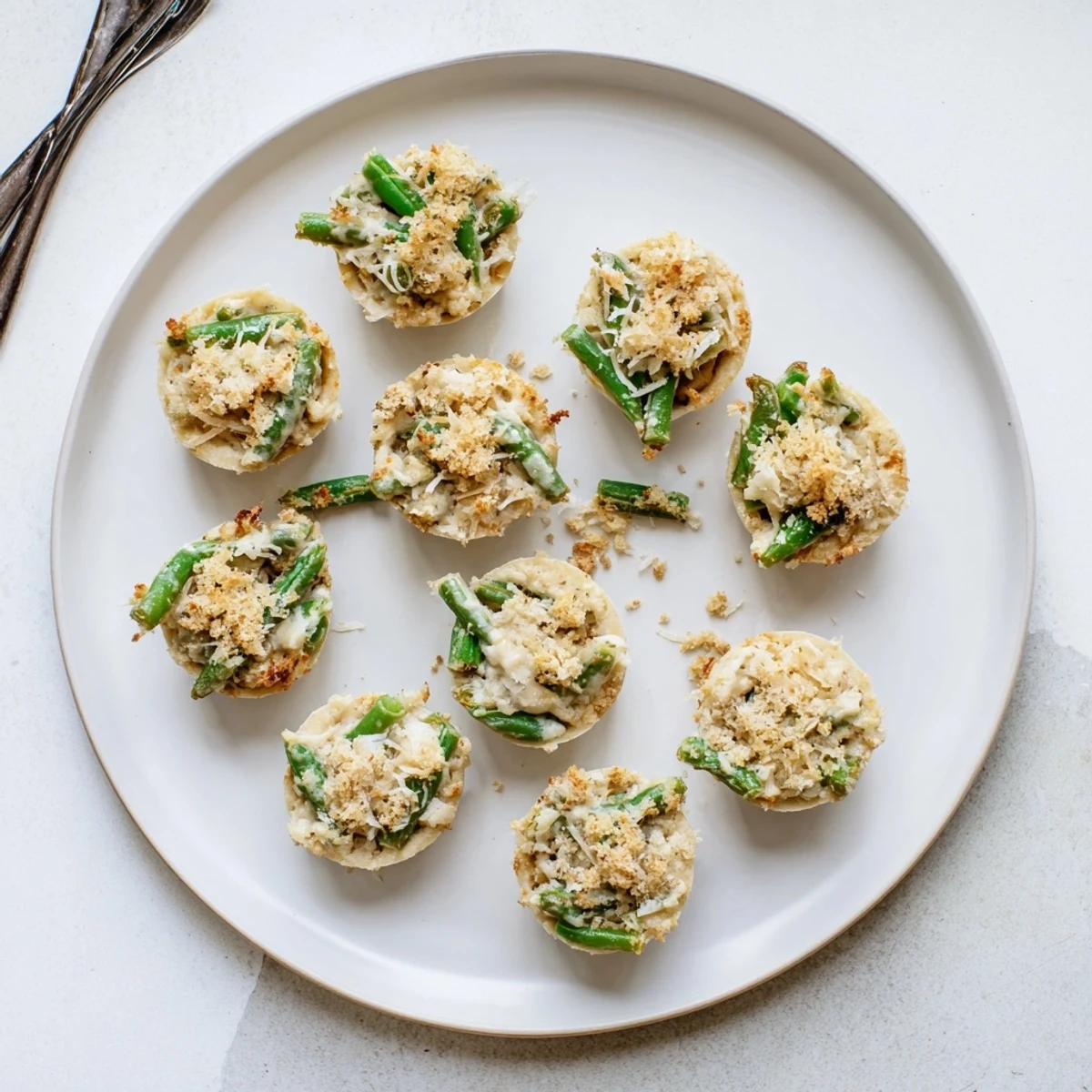 Golden brown Garlic Parmesan Green Bean Casserole Cups topped with crispy panko breadcrumbs in a muffin tin