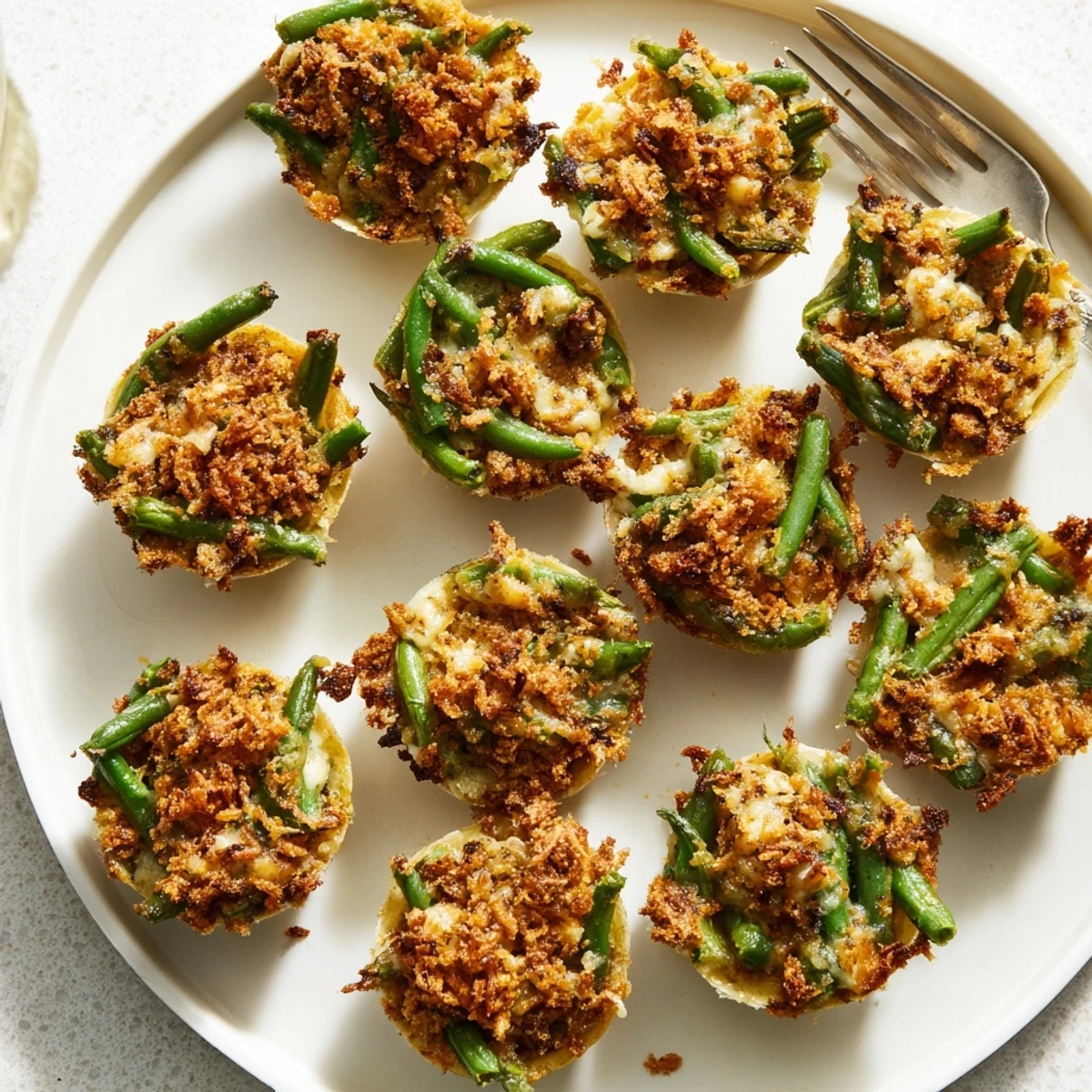 Baked Garlic Parmesan Green Bean Casserole Cups with bubbling parmesan topping and golden breadcrumb crust served warm