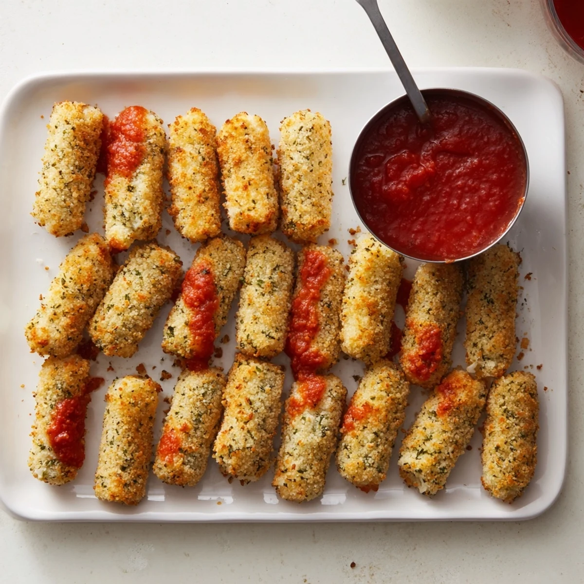 Crispy mozzarella sticks arranged on wire rack showing golden brown panko coating after baking
