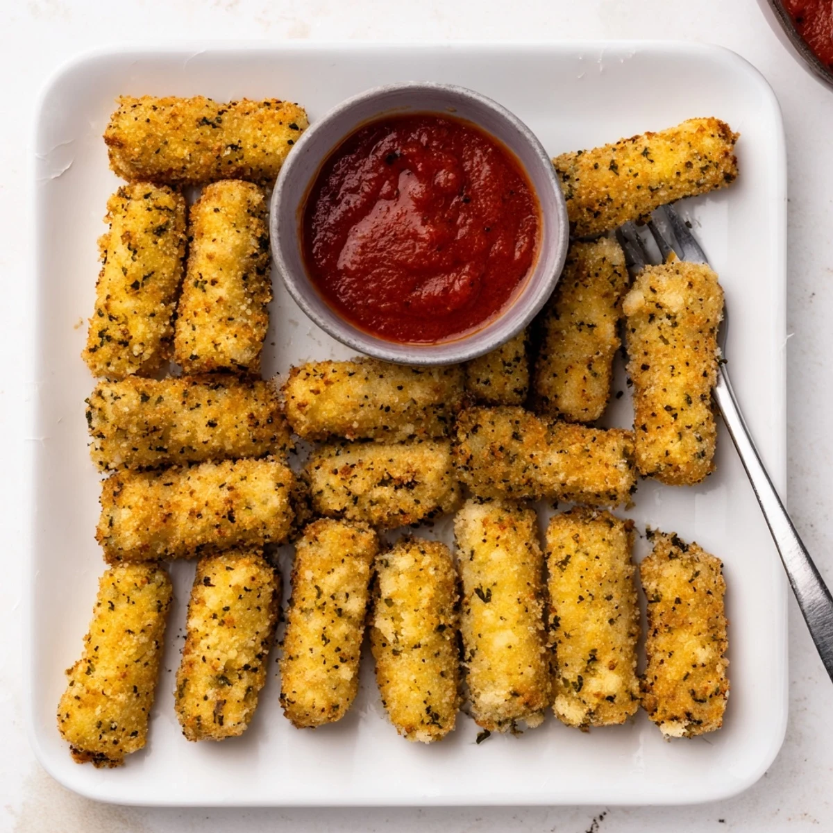 Golden baked mozzarella sticks with crunchy crust oozing warm melted cheese center on white plate