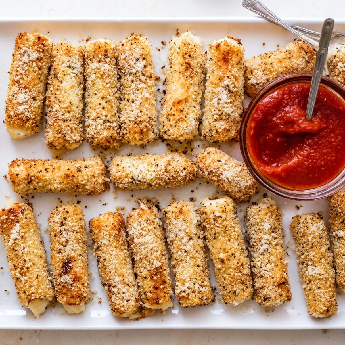 Homemade crispy baked mozzarella sticks served with red marinara sauce for dipping appetizer snack