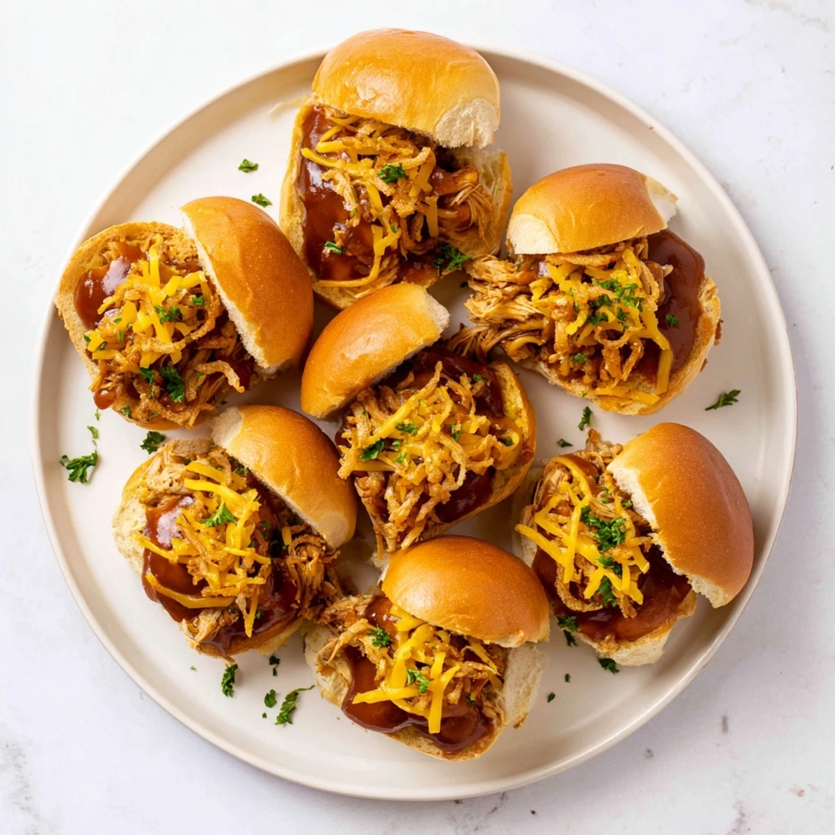 Golden Mississippi Mud Chicken Sliders topped with melted cheddar cheese and crispy fried onions on buttery toasted buns