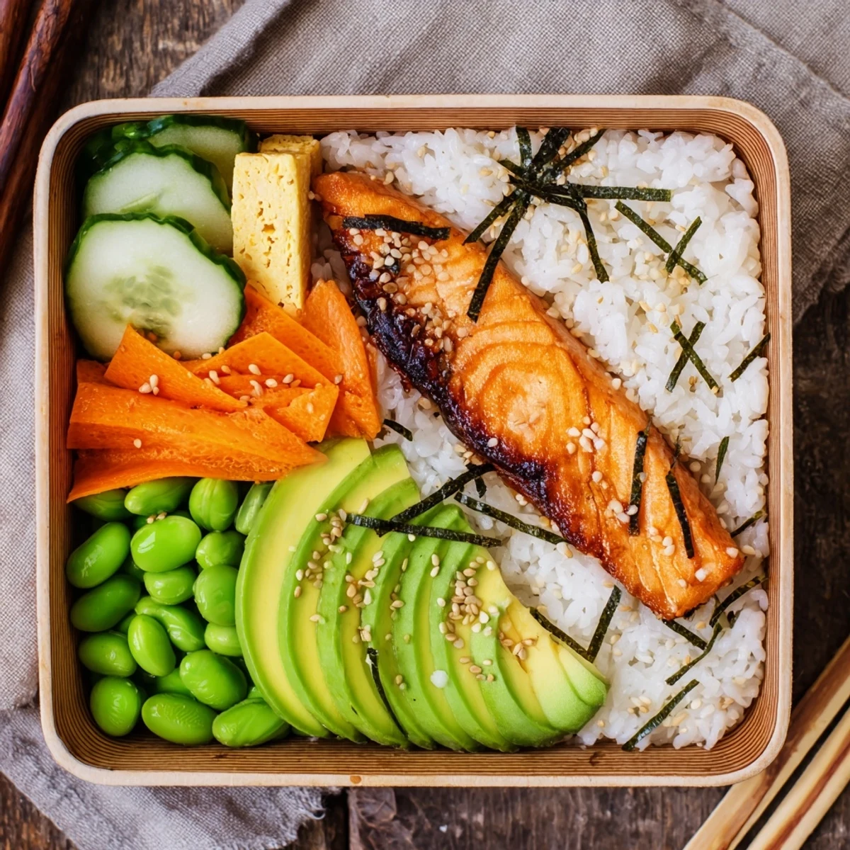 Colorful Healthy Japanese Breakfast Bento Box showcasing grilled salmon, fluffy white rice, and vibrant pickled vegetables arranged in a compartmented container